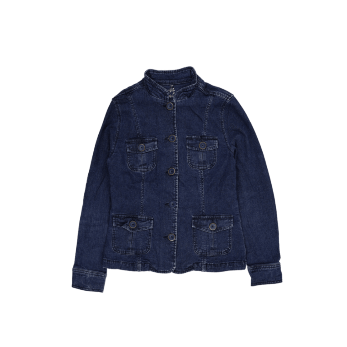 Lady Hathaway Denim Utility Jacket Blue Small Cotton Long Sleeve Military Collar Vintage