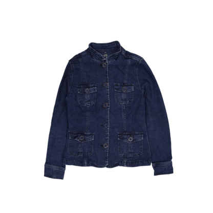 Lady Hathaway Denim Utility Jacket Blue Small Cotton Long Sleeve Military Collar Vintage