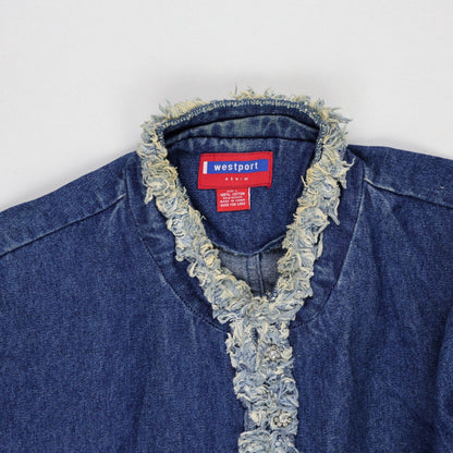 Westport Vintage Denim Blue Casual Jacket Large 100% Cotton Frayed Edge Trim Crew Neck