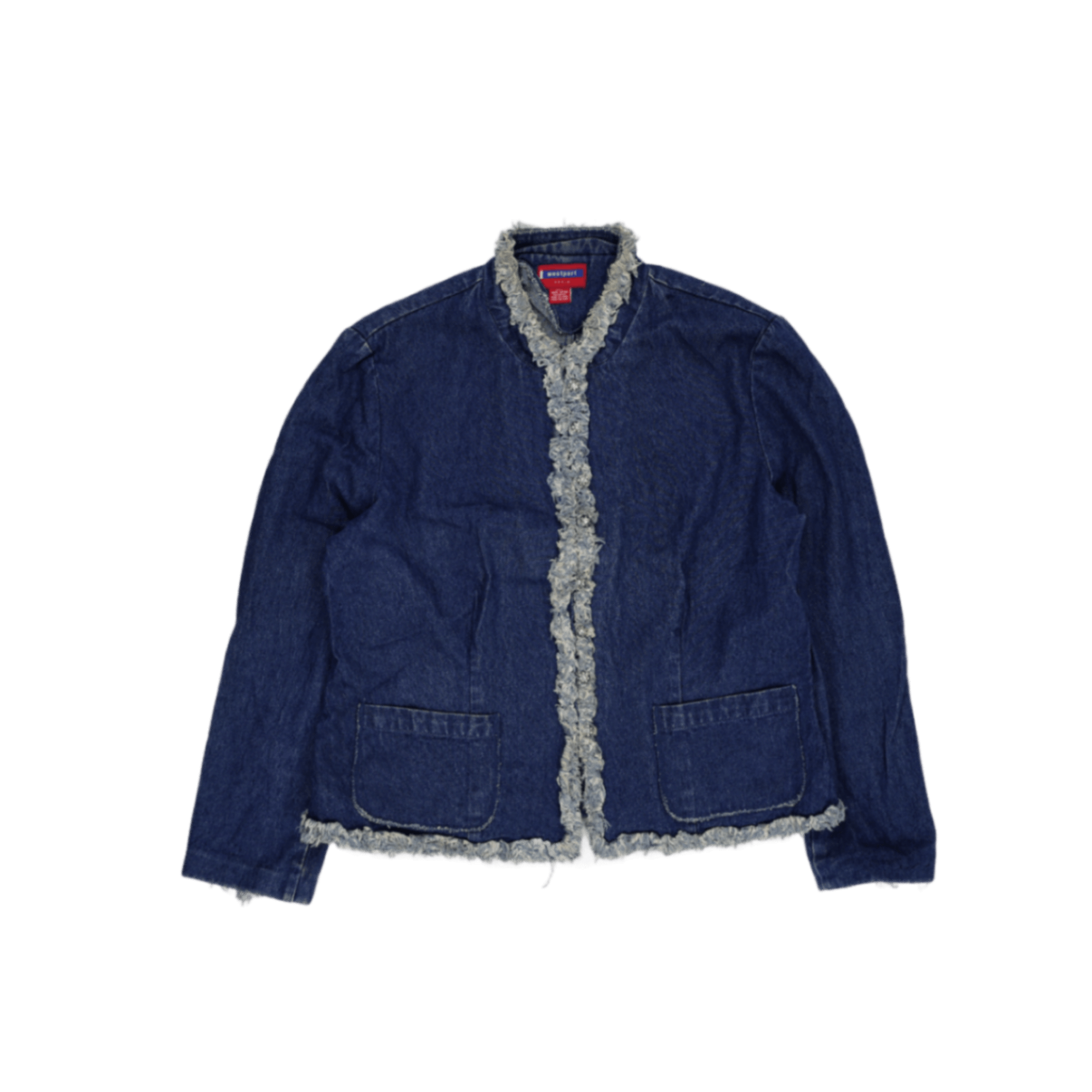Westport Vintage Denim Blue Casual Jacket Large 100% Cotton Frayed Edge Trim Crew Neck