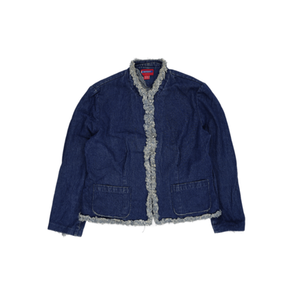 Westport Vintage Denim Blue Casual Jacket Large 100% Cotton Frayed Edge Trim Crew Neck