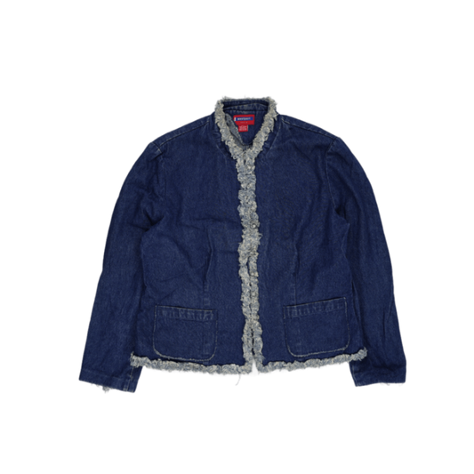 Westport Vintage Denim Blue Casual Jacket Large 100% Cotton Frayed Edge Trim Crew Neck