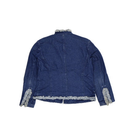 Westport Vintage Denim Blue Casual Jacket Large 100% Cotton Frayed Edge Trim Crew Neck