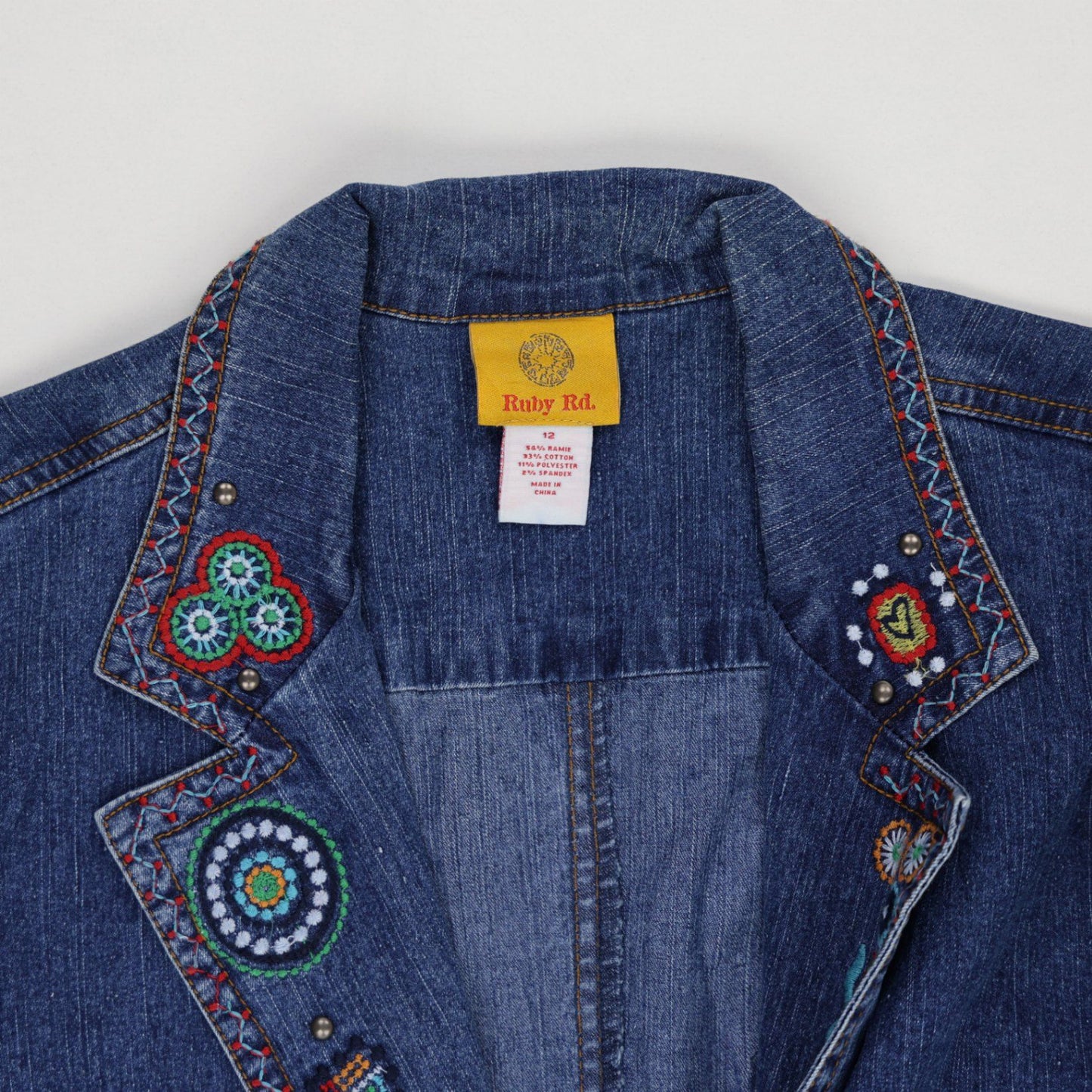 New Ruby Rd Denim Jacket Blue Size S 97 Cotton 3 Spandex Lapel Collar Floral Embroidery