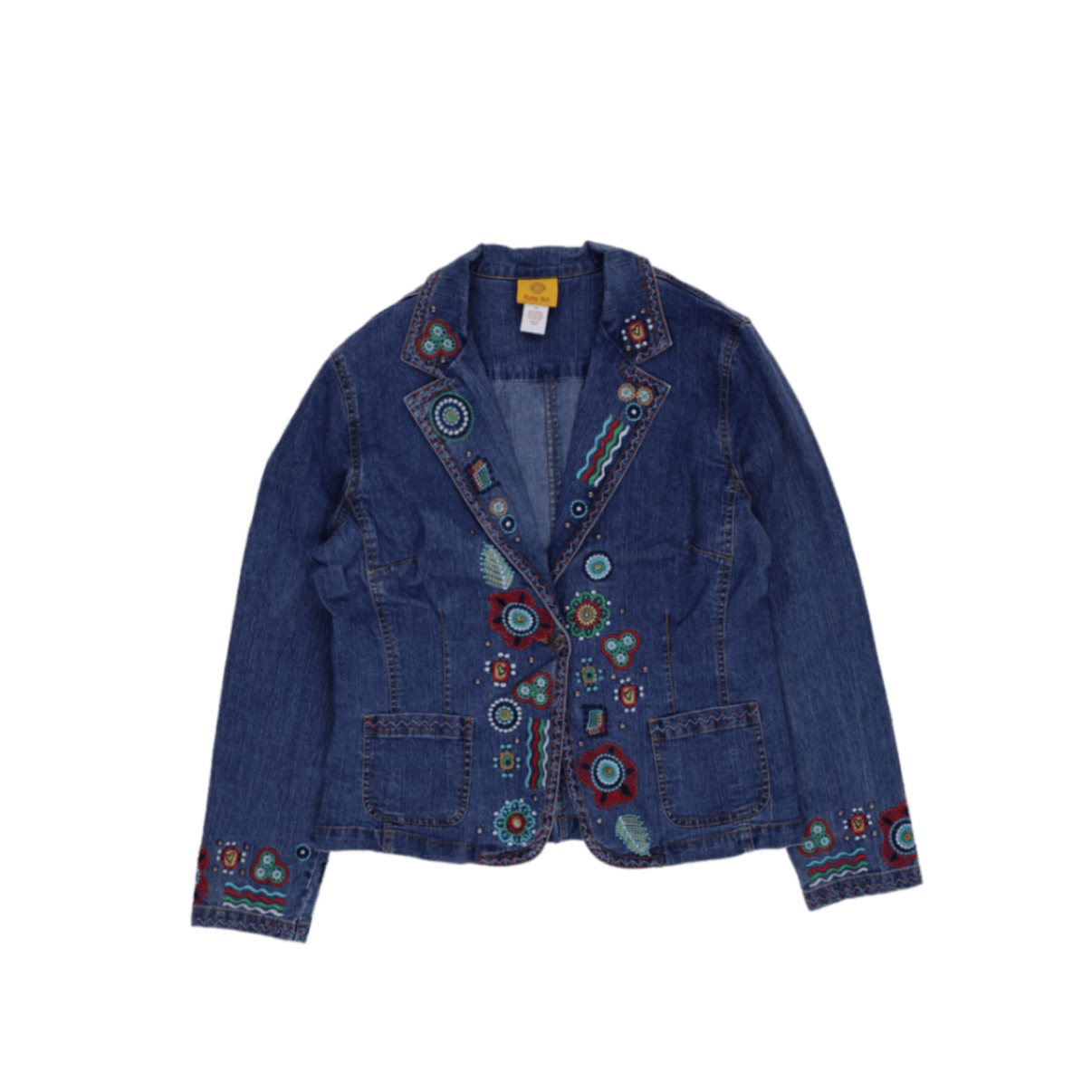New Ruby Rd Denim Jacket Blue Size S 97 Cotton 3 Spandex Lapel Collar Floral Embroidery