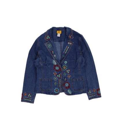 New Ruby Rd Denim Jacket Blue Size S 97 Cotton 3 Spandex Lapel Collar Floral Embroidery