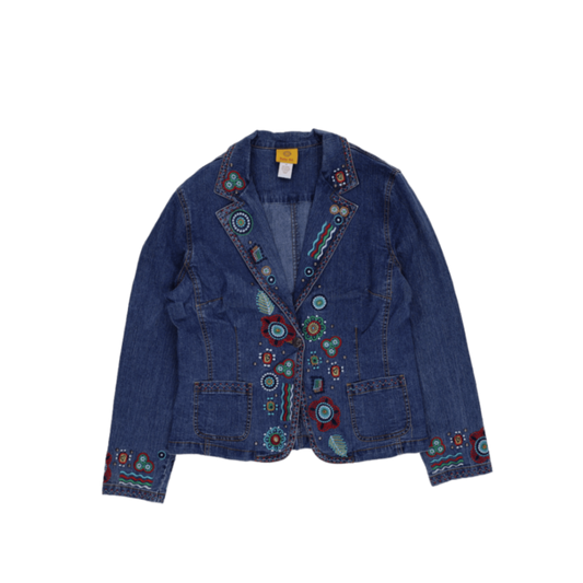 New Ruby Rd Denim Jacket Blue Size S 97 Cotton 3 Spandex Lapel Collar Floral Embroidery