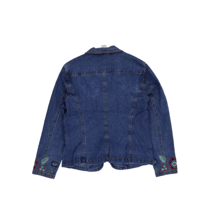 New Ruby Rd Denim Jacket Blue Size S 97 Cotton 3 Spandex Lapel Collar Floral Embroidery