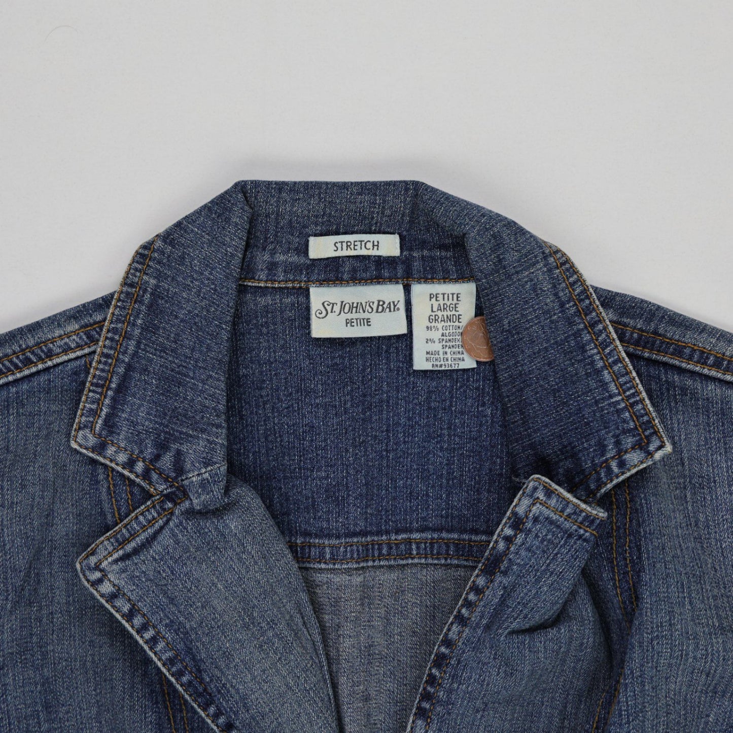 St John's Bay Vintage Blue Denim Blazer Jacket Petite Large UK 14 98 Cotton 2 Spandex Collared