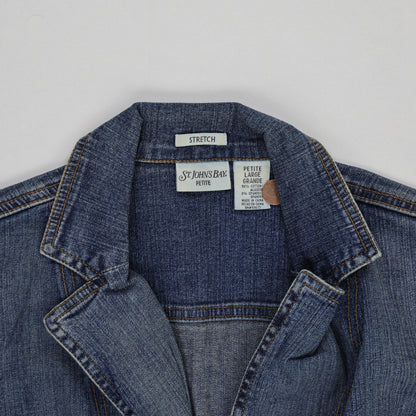St John's Bay Vintage Blue Denim Blazer Jacket Petite Large UK 14 98 Cotton 2 Spandex Collared