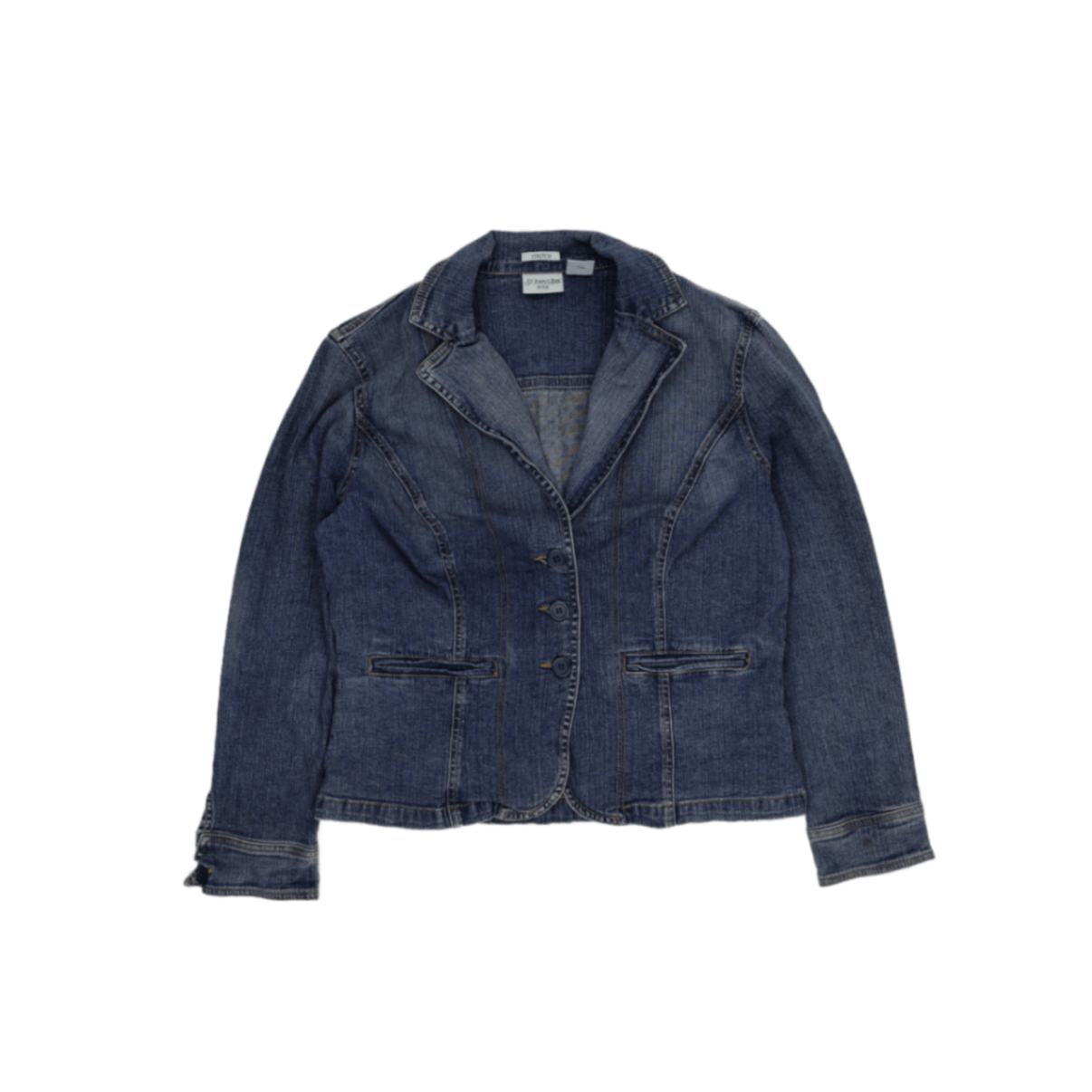 St John's Bay Vintage Blue Denim Blazer Jacket Petite Large UK 14 98 Cotton 2 Spandex Collared