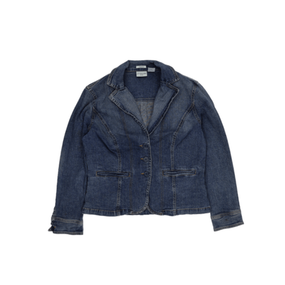 St John's Bay Vintage Blue Denim Blazer Jacket Petite Large UK 14 98 Cotton 2 Spandex Collared
