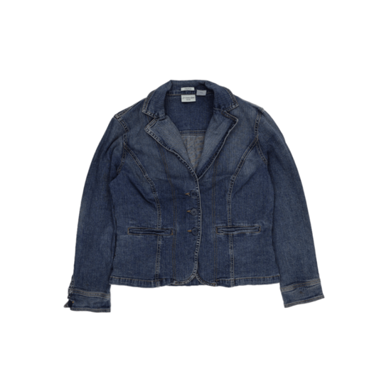 St John's Bay Vintage Blue Denim Blazer Jacket Petite Large UK 14 98 Cotton 2 Spandex Collared