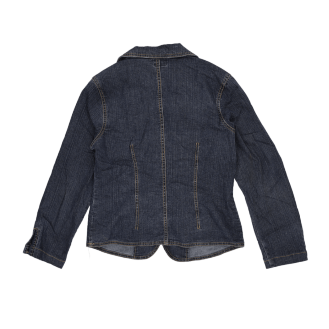 B.U.M. Equipment Women's Vintage Blue Denim Blazer Jacket Size Small 70% Cotton 28% Polyester 2% Spandex Notched Collar