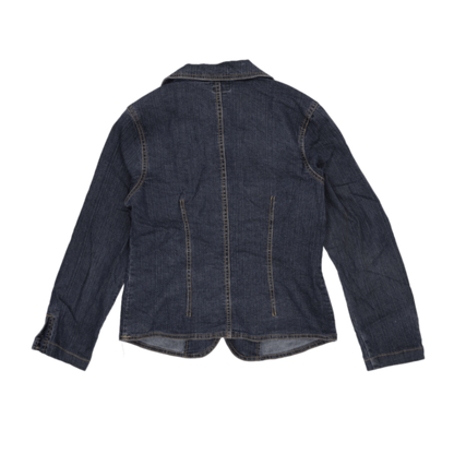 B.U.M. Equipment Women's Vintage Blue Denim Blazer Jacket Size Small 70% Cotton 28% Polyester 2% Spandex Notched Collar