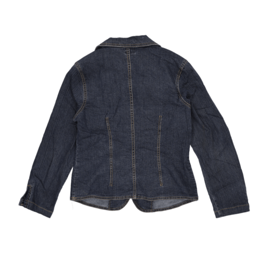B.U.M. Equipment Women's Vintage Blue Denim Blazer Jacket Size Small 70% Cotton 28% Polyester 2% Spandex Notched Collar