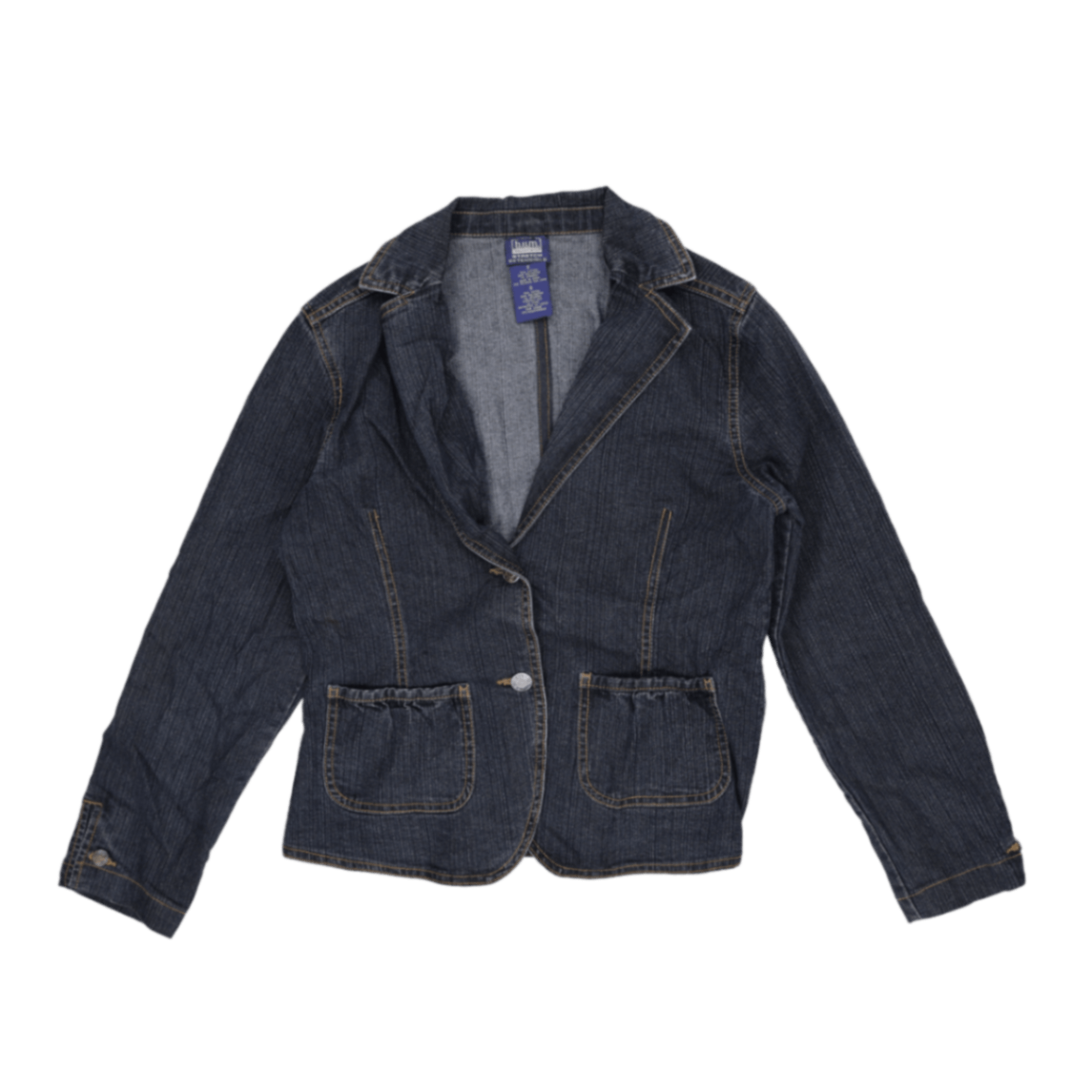 B.U.M. Equipment Women's Vintage Blue Denim Blazer Jacket Size Small 70% Cotton 28% Polyester 2% Spandex Notched Collar