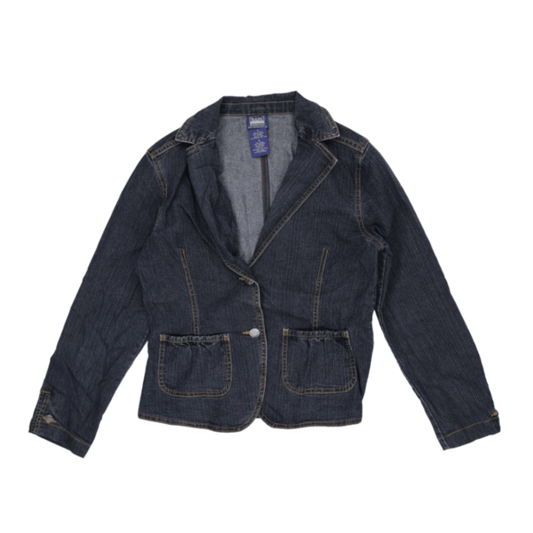 B.U.M. Equipment Women's Vintage Blue Denim Blazer Jacket Size Small 70% Cotton 28% Polyester 2% Spandex Notched Collar