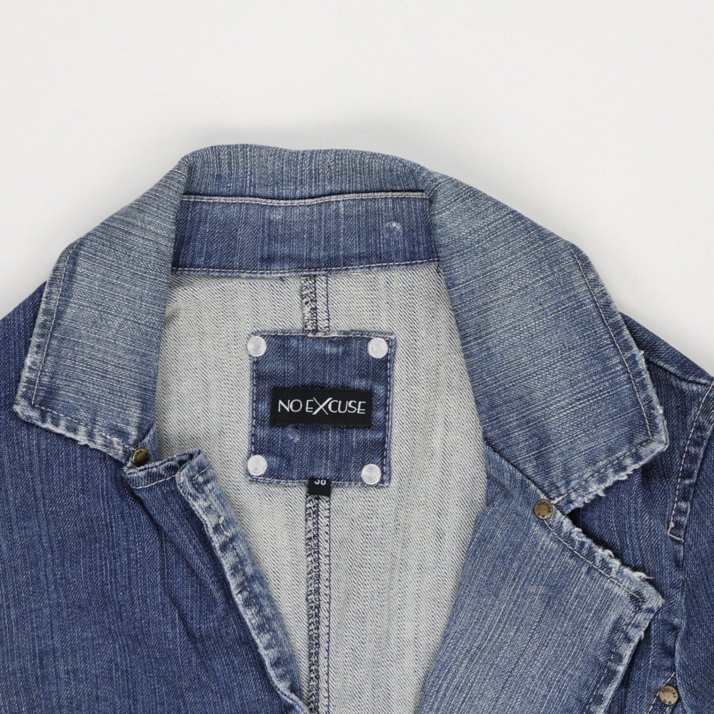 No Excuse Womens Blue Denim Fitted Blazer Jacket Size 36 Small Vintage Cotton