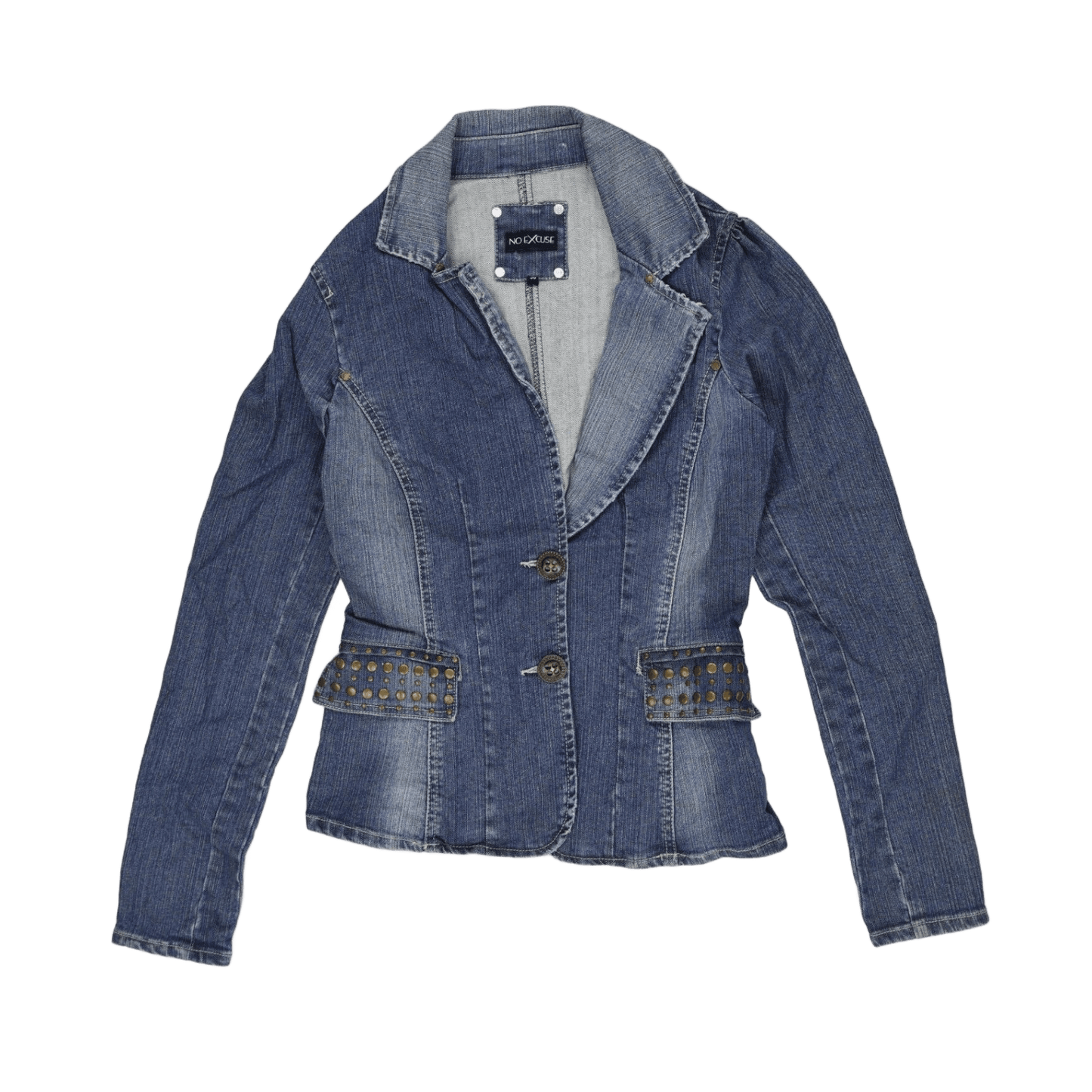 No Excuse Womens Blue Denim Fitted Blazer Jacket Size 36 Small Vintage Cotton