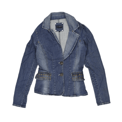No Excuse Womens Blue Denim Fitted Blazer Jacket Size 36 Small Vintage Cotton