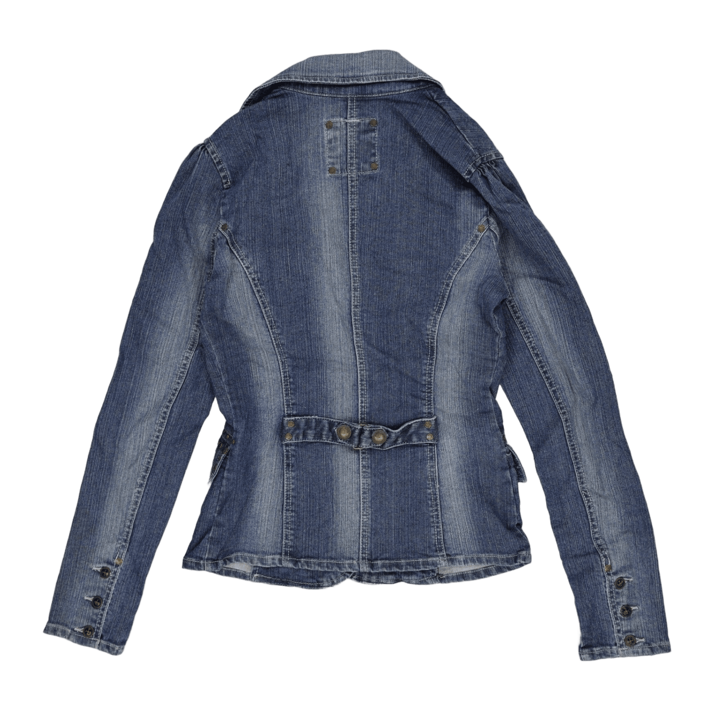 No Excuse Womens Blue Denim Fitted Blazer Jacket Size 36 Small Vintage Cotton