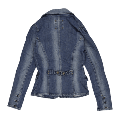No Excuse Womens Blue Denim Fitted Blazer Jacket Size 36 Small Vintage Cotton