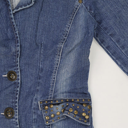 No Excuse Vintage Studded Blue Denim Blazer Jacket Women's Size 36 99% Cotton 1% Elastane Collared