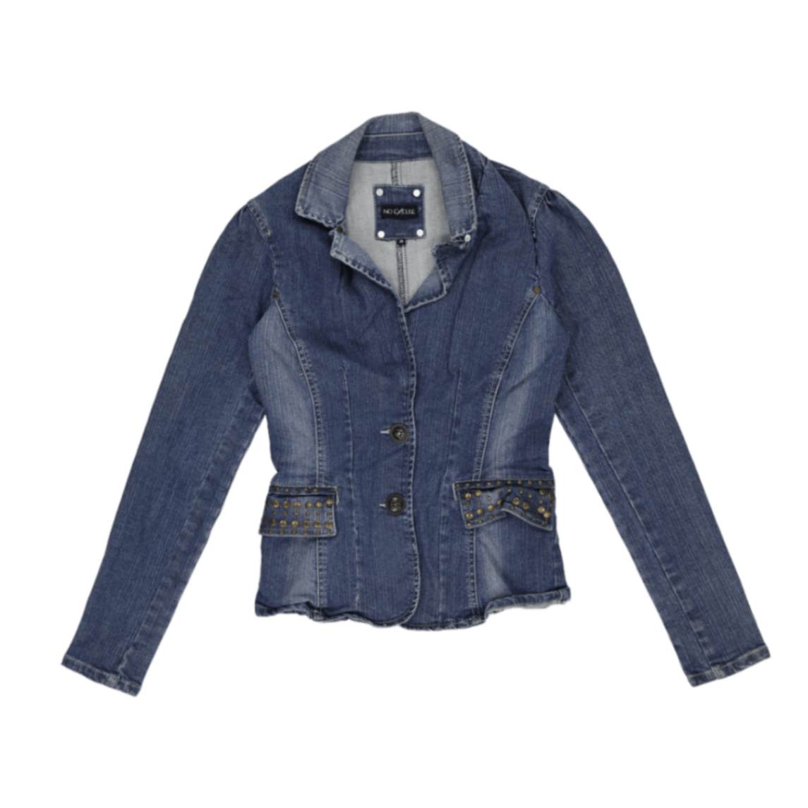 No Excuse Vintage Studded Blue Denim Blazer Jacket Women's Size 36 99% Cotton 1% Elastane Collared