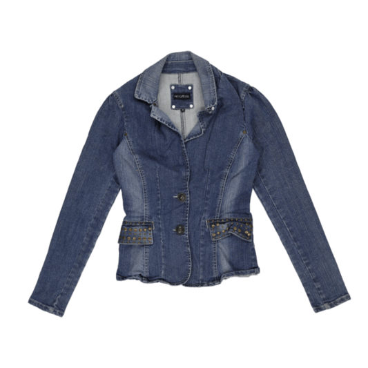 No Excuse Vintage Studded Blue Denim Blazer Jacket Women's Size 36 99% Cotton 1% Elastane Collared