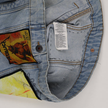 Jack & Jones Vintage Light Blue Cotton Denim Vest Large Sleeveless Collared with Rock Band Patches