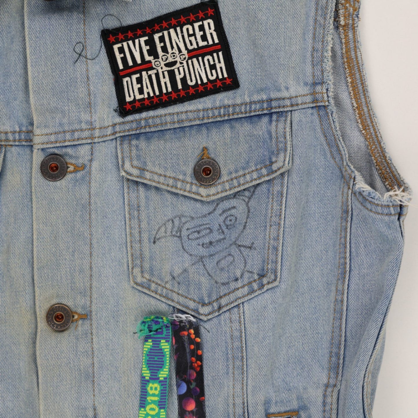 Jack & Jones Vintage Light Blue Cotton Denim Vest Large Sleeveless Collared with Rock Band Patches