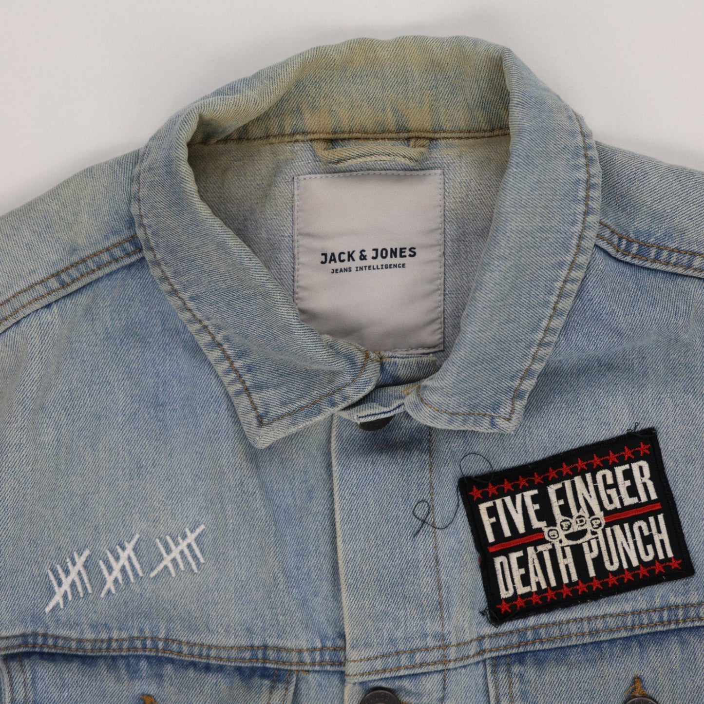 Jack & Jones Vintage Light Blue Cotton Denim Vest Large Sleeveless Collared with Rock Band Patches