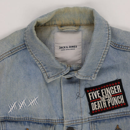 Jack & Jones Vintage Light Blue Cotton Denim Vest Large Sleeveless Collared with Rock Band Patches
