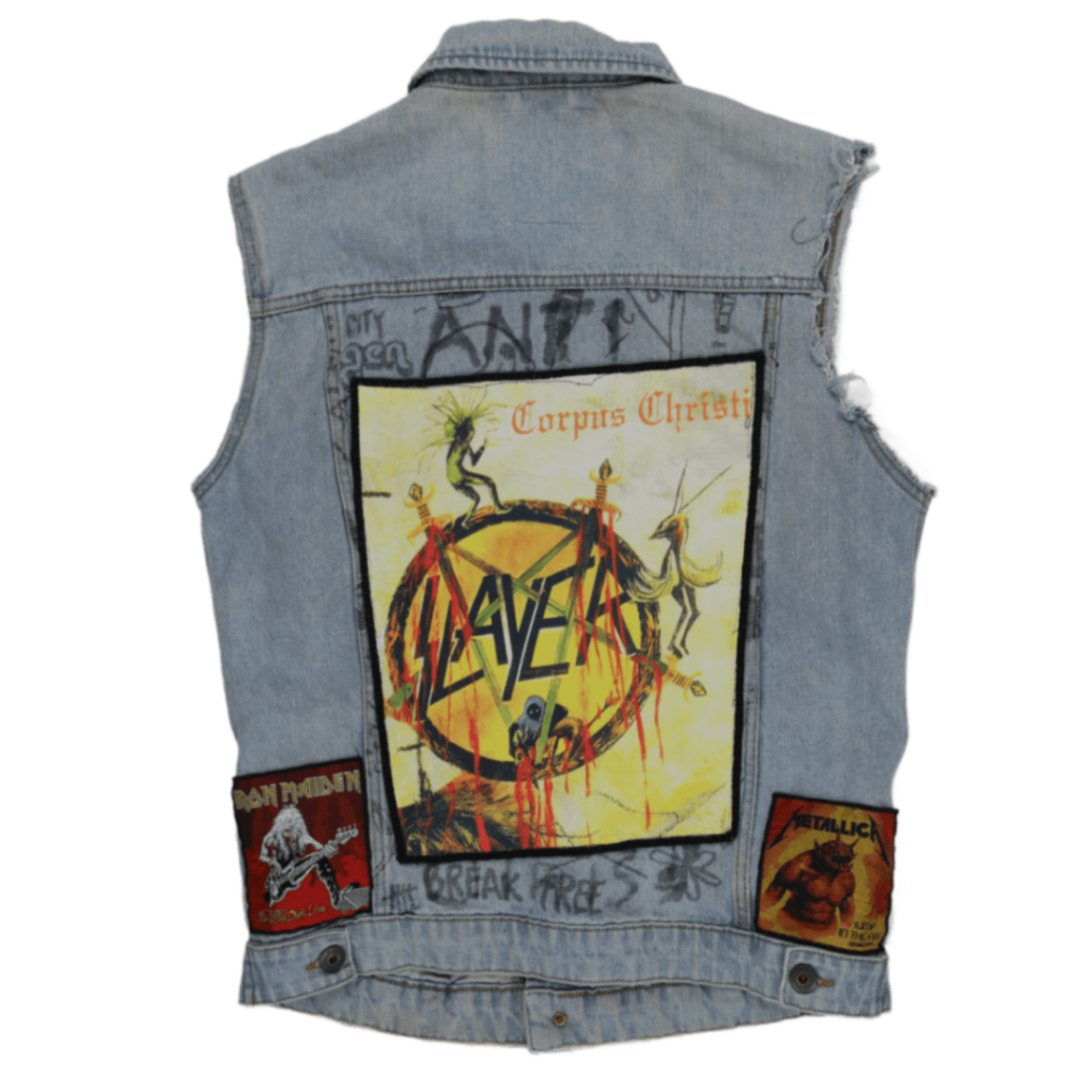 Jack & Jones Vintage Light Blue Cotton Denim Vest Large Sleeveless Collared with Rock Band Patches