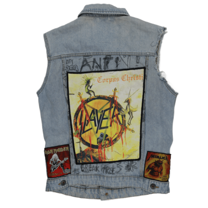 Jack & Jones Vintage Light Blue Cotton Denim Vest Large Sleeveless Collared with Rock Band Patches