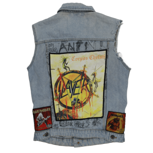 Jack & Jones Vintage Light Blue Cotton Denim Vest Large Sleeveless Collared with Rock Band Patches
