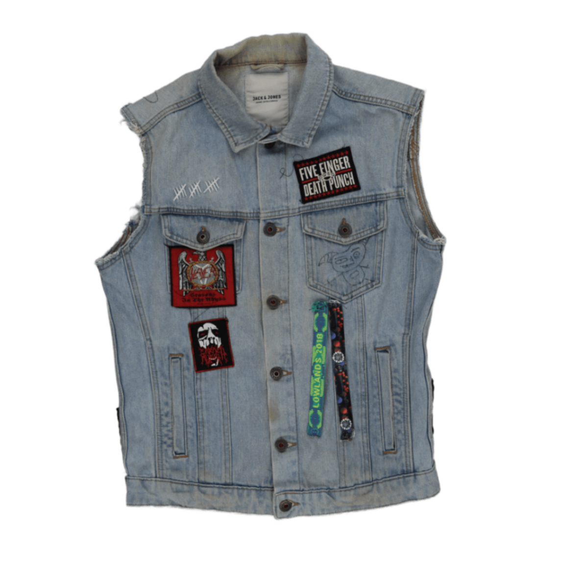 Jack & Jones Vintage Light Blue Cotton Denim Vest Large Sleeveless Collared with Rock Band Patches