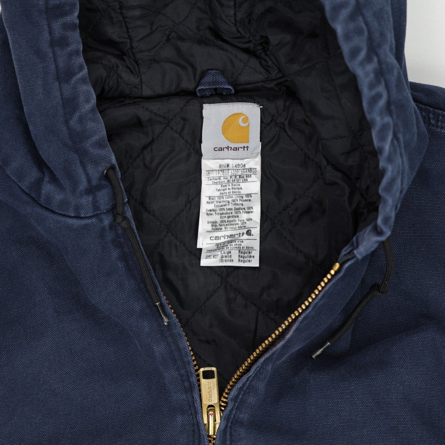 Carhartt Insulated Hooded Workwear Jacket Navy Blue Large 100 Percent Cotton Outer Nylon Lining Polyester Fill Vintage