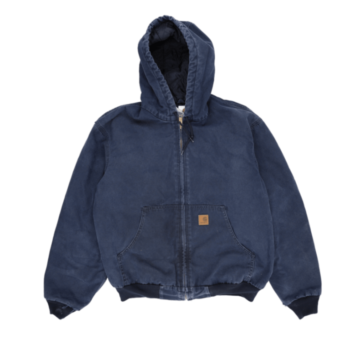 Carhartt Insulated Hooded Workwear Jacket Navy Blue Large 100 Percent Cotton Outer Nylon Lining Polyester Fill Vintage