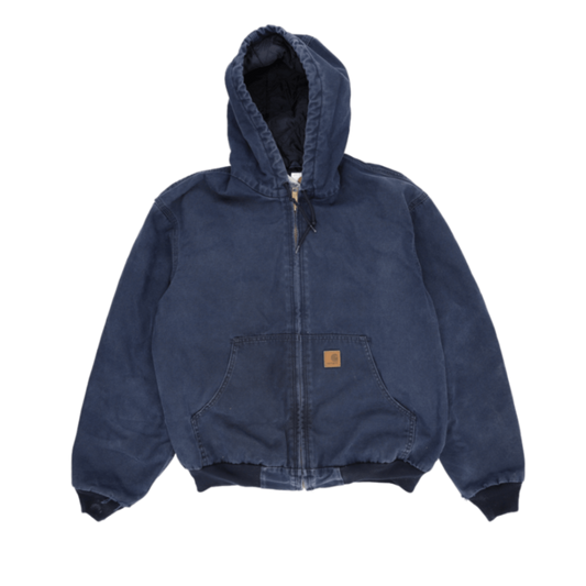 Carhartt Insulated Hooded Workwear Jacket Navy Blue Large 100 Percent Cotton Outer Nylon Lining Polyester Fill Vintage