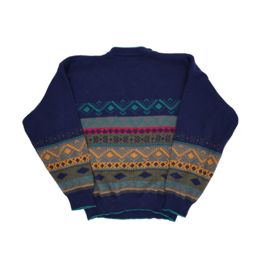 South Mountain Vintage Patterned Knit Jumper Navy Medium Acrylic Crew Neck