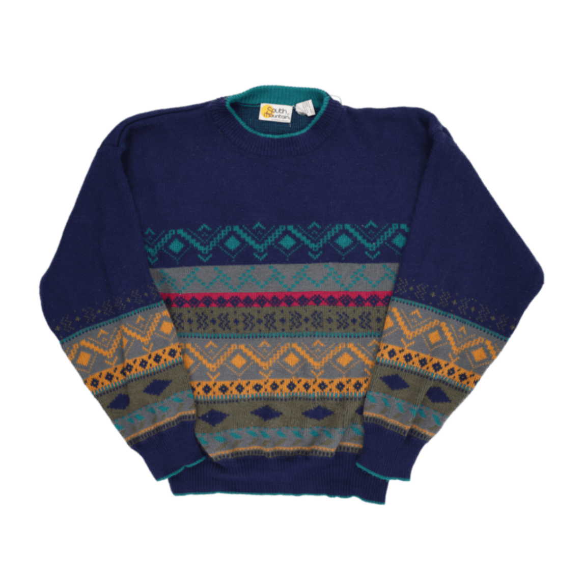 South Mountain Vintage Patterned Knit Jumper Navy Medium Acrylic Crew Neck