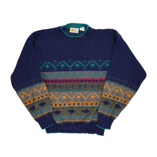 South Mountain Vintage Patterned Knit Jumper Navy Medium Acrylic Crew Neck