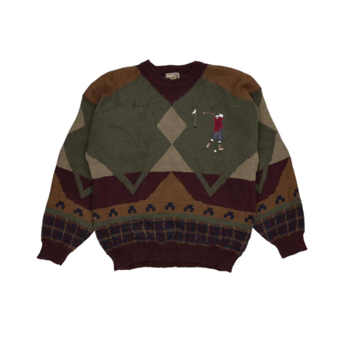 Woodland Vintage Knitted Golf Scene Jumper Green Multi Large Acrylic Wool Blend Crew Neck