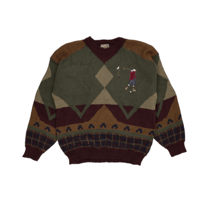 Woodland Vintage Knitted Golf Scene Jumper Green Multi Large Acrylic Wool Blend Crew Neck