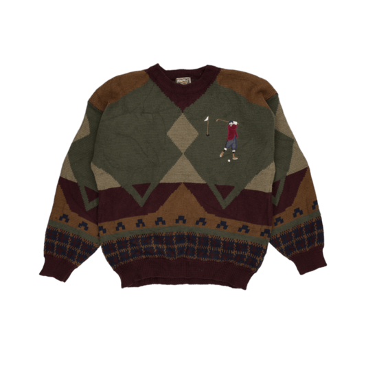 Woodland Vintage Knitted Golf Scene Jumper Green Multi Large Acrylic Wool Blend Crew Neck