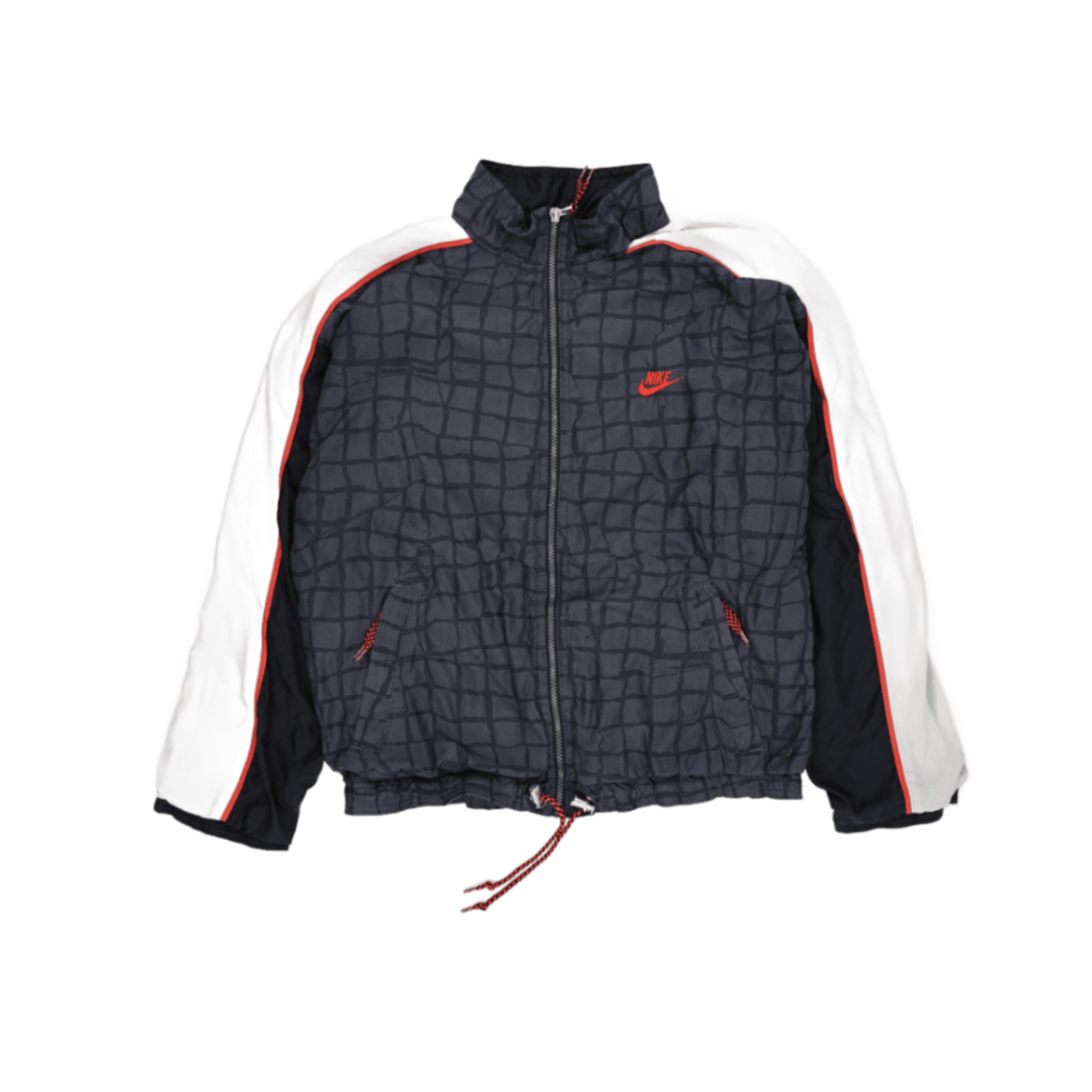 Nike Vintage Black Grid Pattern Windbreaker Jacket Size L Polyester Stand Collar