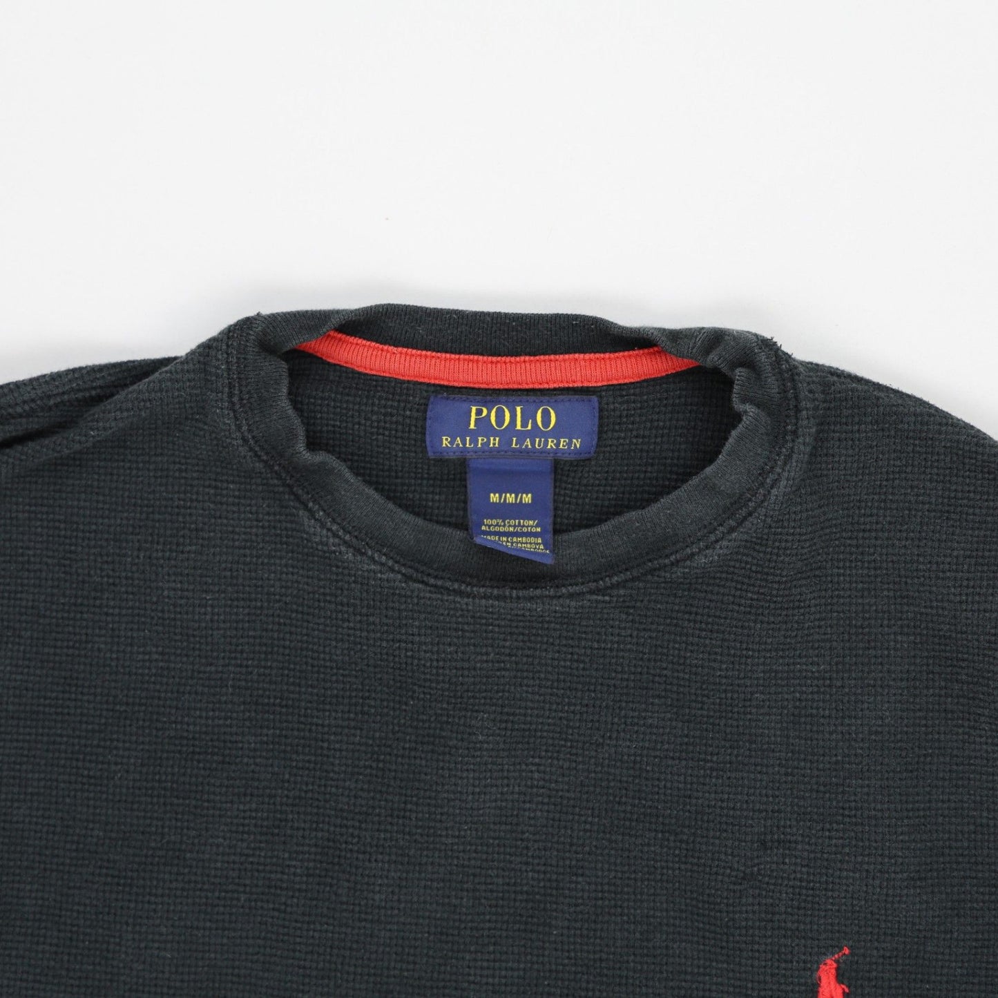 Polo Ralph Lauren Black Cotton Waffle Knit Sweatshirt Men's Medium Crew Neck Long Sleeve