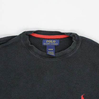 Polo Ralph Lauren Black Cotton Waffle Knit Sweatshirt Men's Medium Crew Neck Long Sleeve